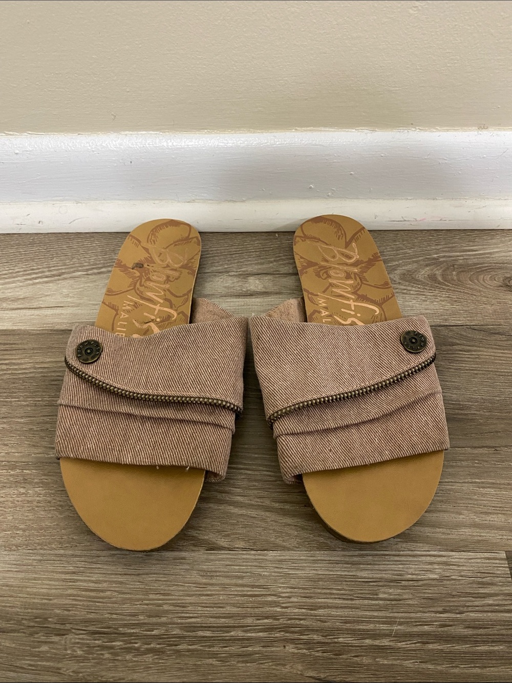 Womens Slip-On Mules with Decorative Button Detail — Taupe